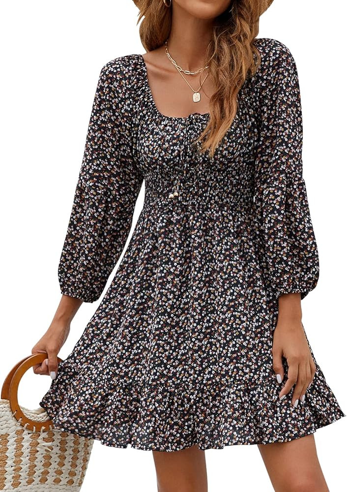 FARORO Smocked Dresses for Women Lantern Sleeve Boho Floral Sundress Ruffled Off Shoulder A-Line Min | Amazon (US)