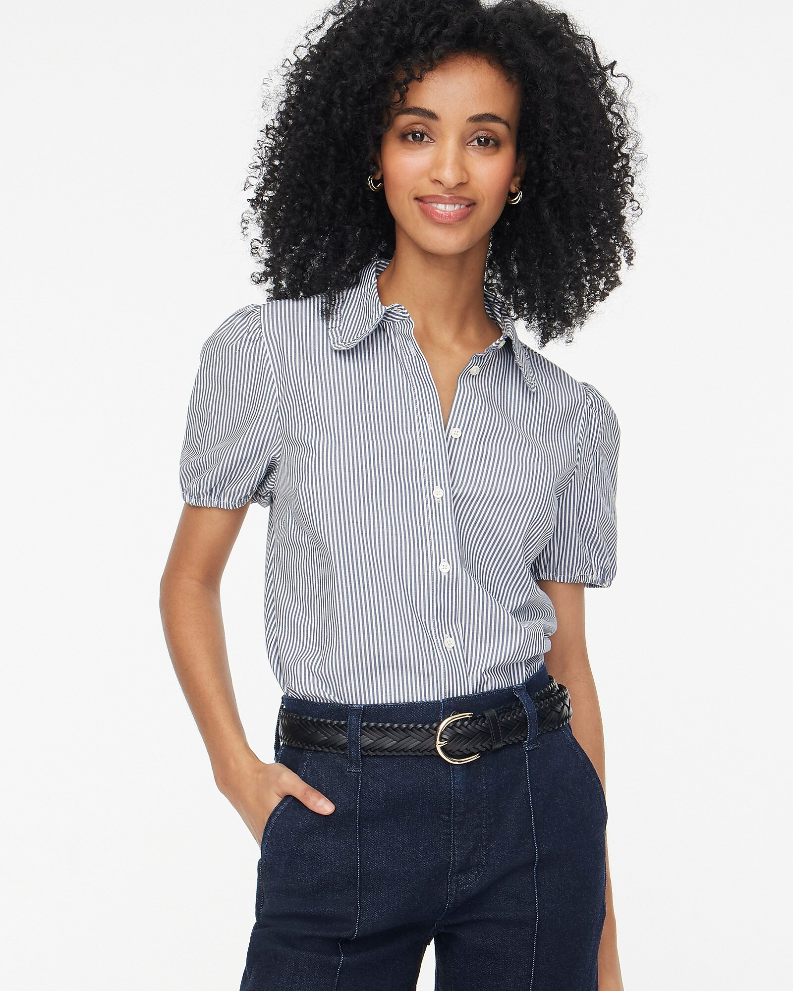 Striped puff-sleeve ruffle-collar top | J.Crew Factory
