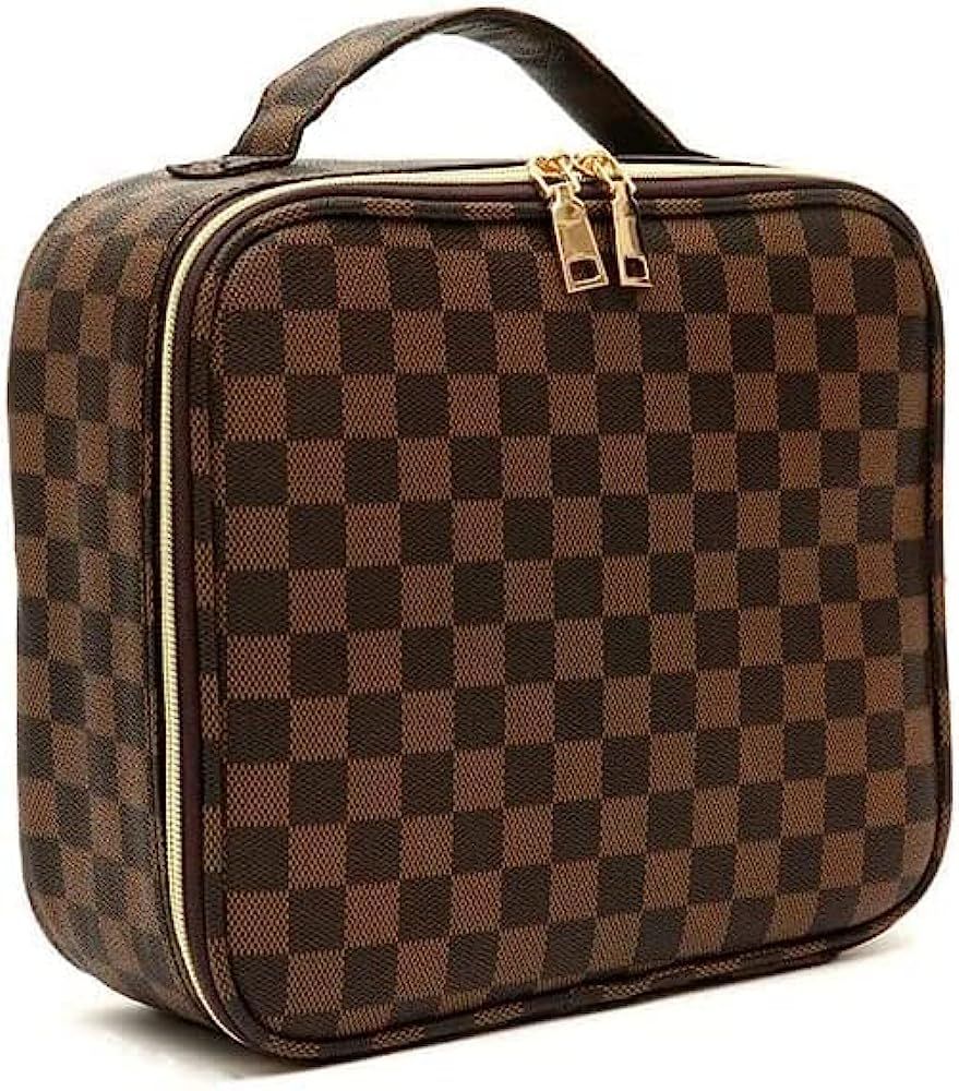 CHICREEN Brown Checkered Makeup Bag Large Travel Cosmetic Bag Organizer - Big Makeup Pouch Bag with  | Amazon (US)