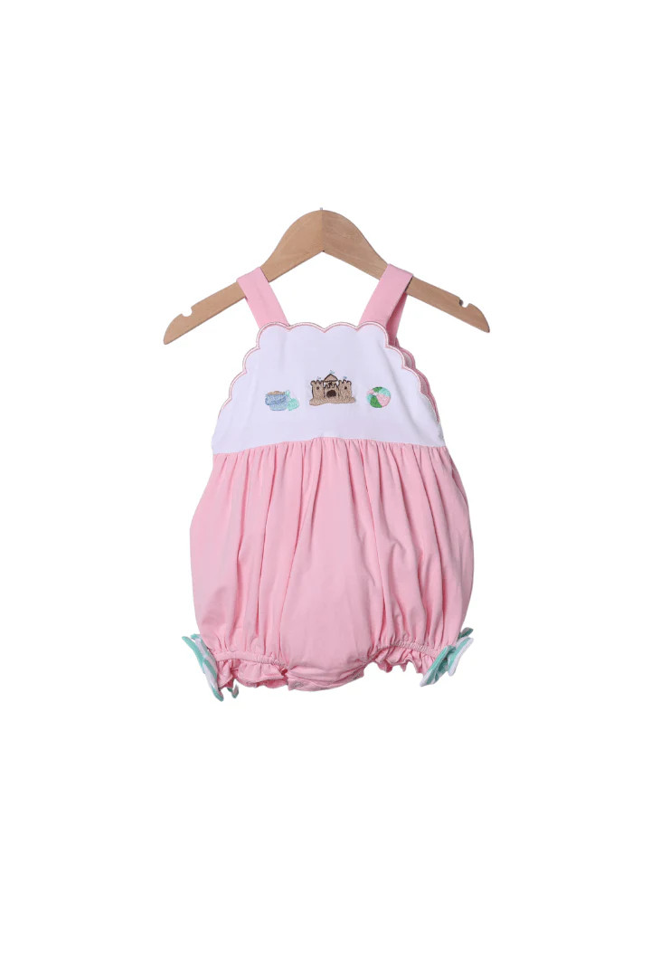 French Knot Sand Castle Fun Mint/Pink Stripe Bubble | The Smocked Flamingo