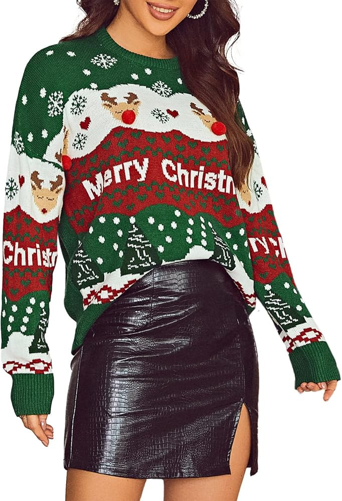 Miessial Women's Knitted Christmas Pattern Sweater Comfy Crewneck Long Sleeve Pullover Sweater | Amazon (US)