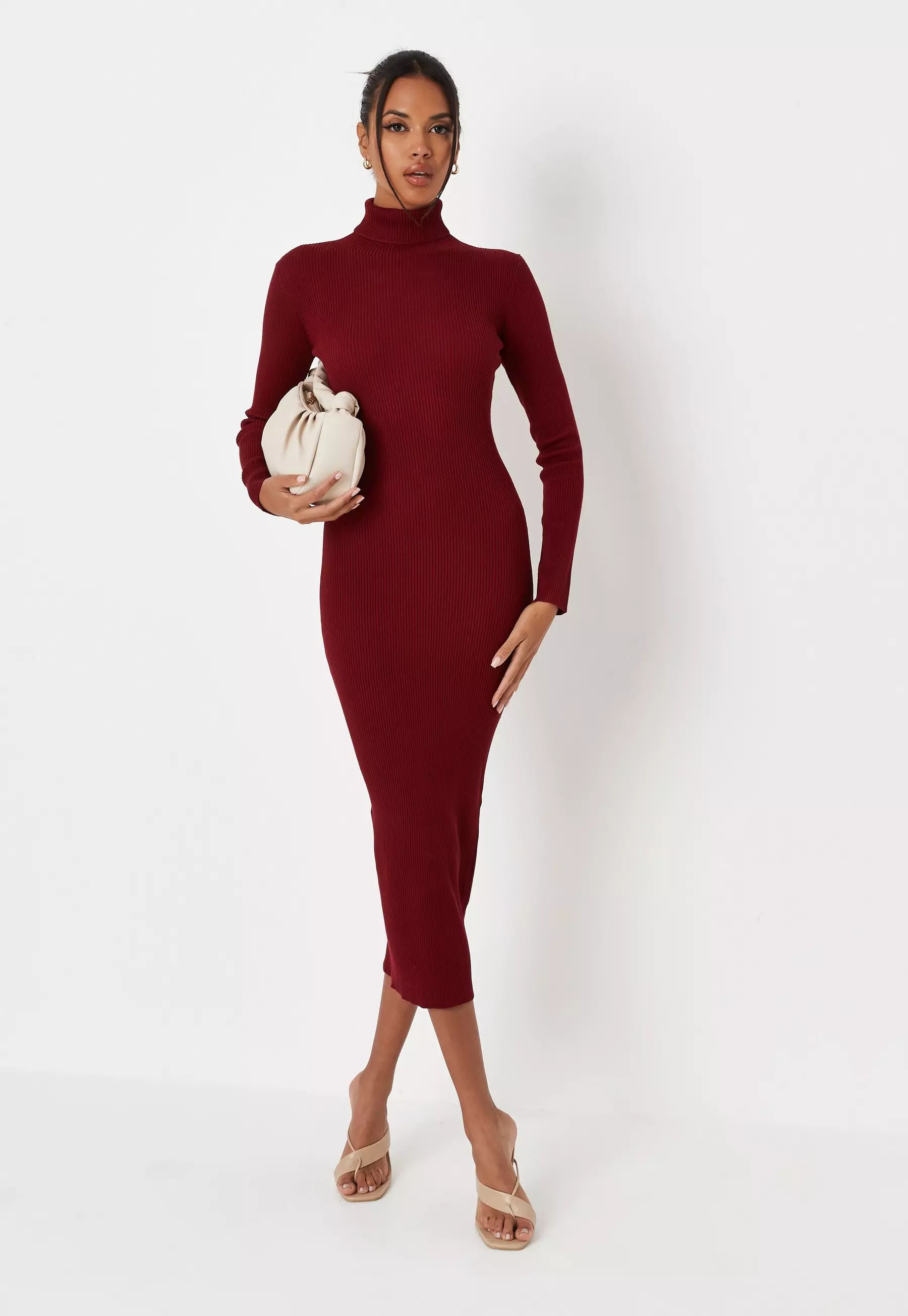 Red Rib Roll Neck Knit Midaxi Dress | Missguided (UK & IE)