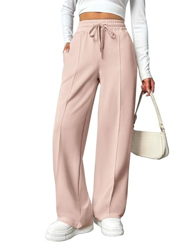 PINSPARK Wide Leg Sweat Pants Woman High Waisted Baggy Sweatpants Straight Leg Long Pant with Pockets Drawstring Veiled Rose XL | Amazon (US)