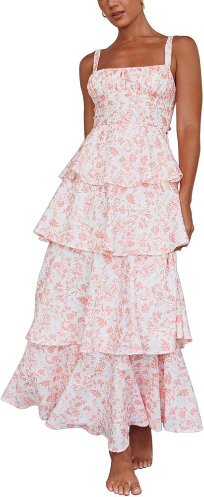 Tiered Ruffle Dress Women Casual Summer Spaghetti Strap Sleeveless Floral Layered Maxi Dress for ... | Amazon (US)