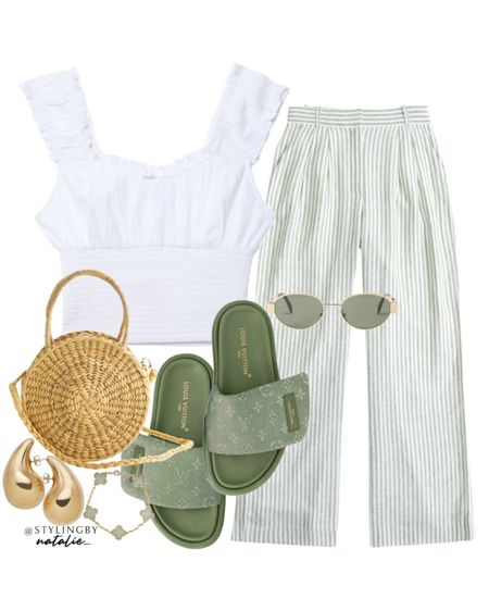 Striped linen tailored trousers, white off the shoulder crop top, round straw bag, green slide sandals & gold accessories.
Spring summer outfit, holiday outfit, ootd.

#LTKSeasonal #LTKeurope #LTKstyletip