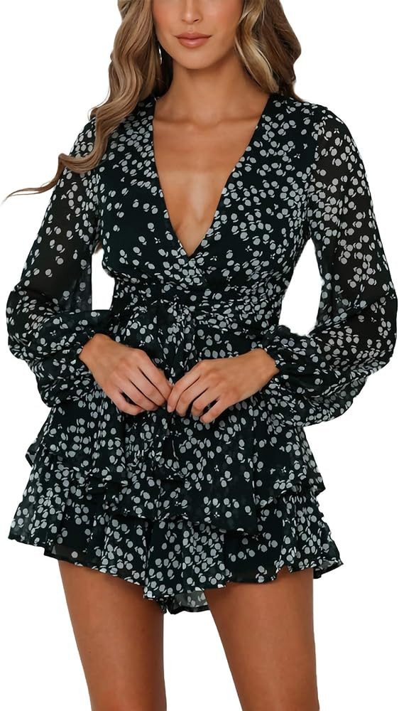 Bonkwa Women's Summer Deep V-Neck Floral Print Romper Long Baggy Sleeves Double Layer Ruffle Hem ... | Amazon (US)