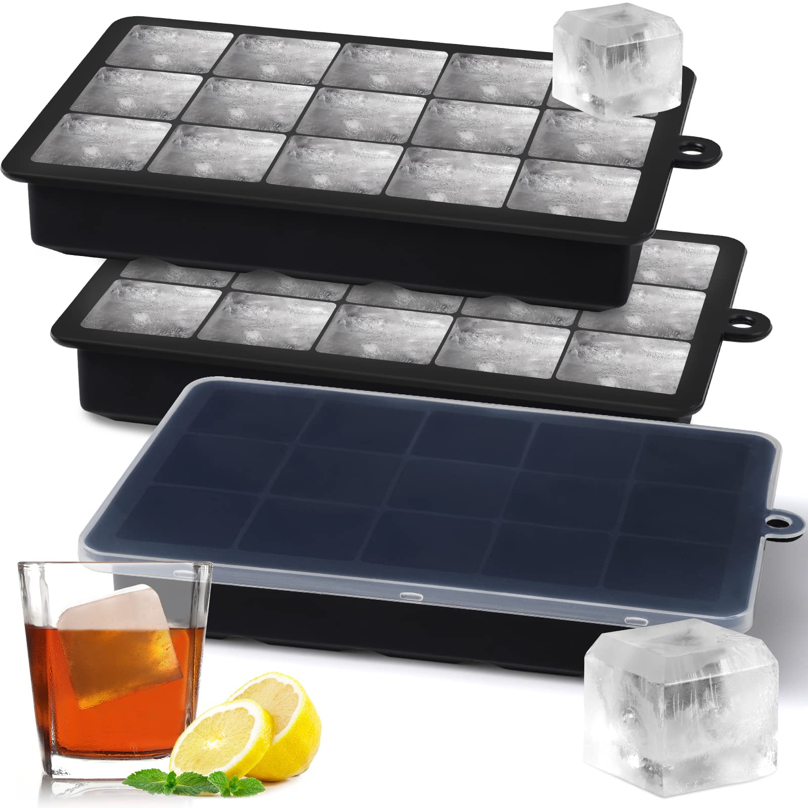 Sinnsally Silicone Ice Cube Trays,15 Square Ice Cube Tray with Lid,3 Pack Ice Cube Moulds Set,Ice... | Amazon (UK)