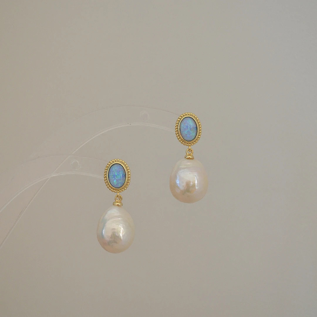 Blue Opal and Pearl Earrings, Gold Vermeil, Gold Plated on Silver, Vintage Earrings, Statement Ea... | Etsy (US)