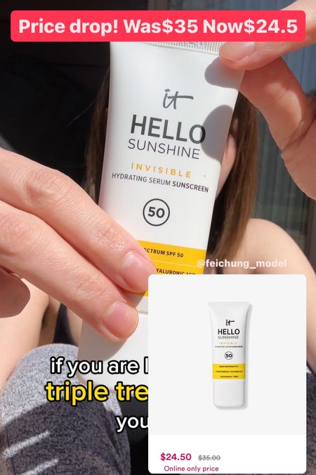 HELLO SUNSHINE INVISIBLE SUNSCREEN SPF50 itcosmetics.

This is my new favorite sunscreen! I love that it provides broad spectrum SPF protection while also keeping my skin moisturized and helping my makeup stay in place all day. The fact that it’s a multi-tasking product saves me time in my morning routine, must have it!

What’s good about this sunscreen:
🌟Daily SPF 50 defending against UVA/UVB rays
🌟Hydrating serum
🌟Makeup prime
🌟1% pro vitamin B5 + hyaluronic Acid


#suncreen #salealert #skincare

#LTKSaleAlert #LTKFindsUnder100 #LTKBeauty