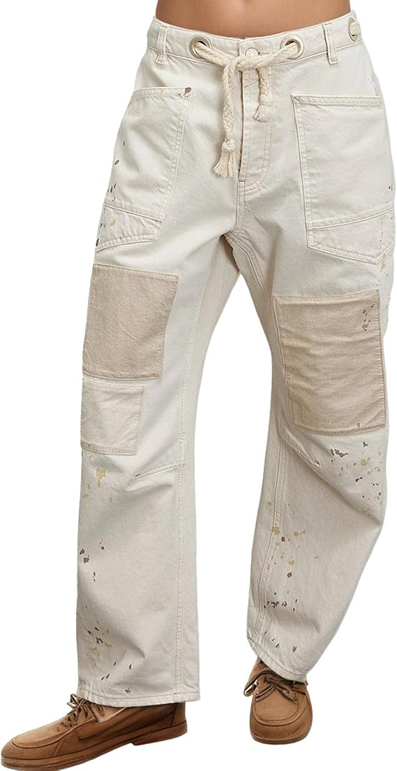 Womens Pull-On Barrel Jeans Mid-Low Rise Boyfriend Drawstring Ankle Baggy Elastic Waist Stretchy ... | Amazon (US)