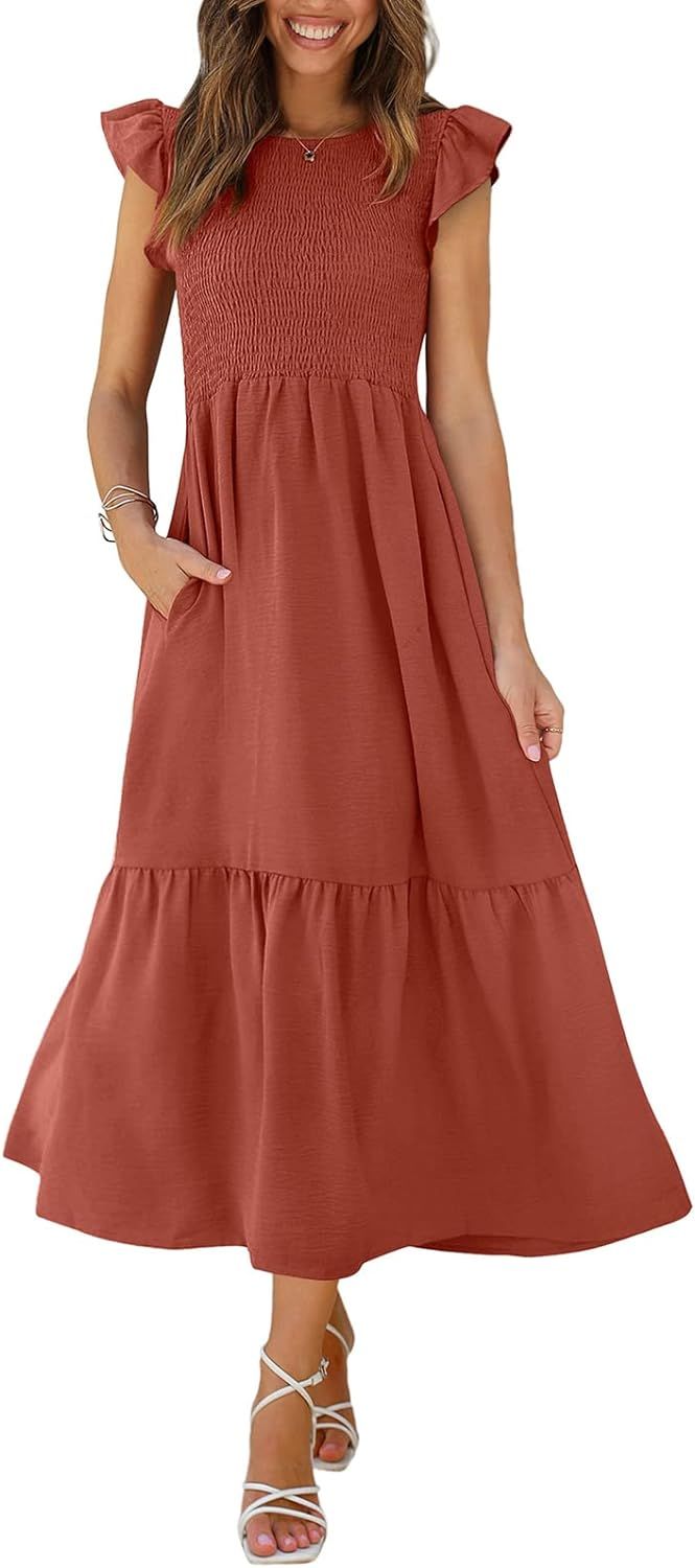 OFEEFAN Women's Casual Maxi Dresses with Pockets Ruffle Sleeve Smocked Tiered Dress S-XXL | Amazon (US)