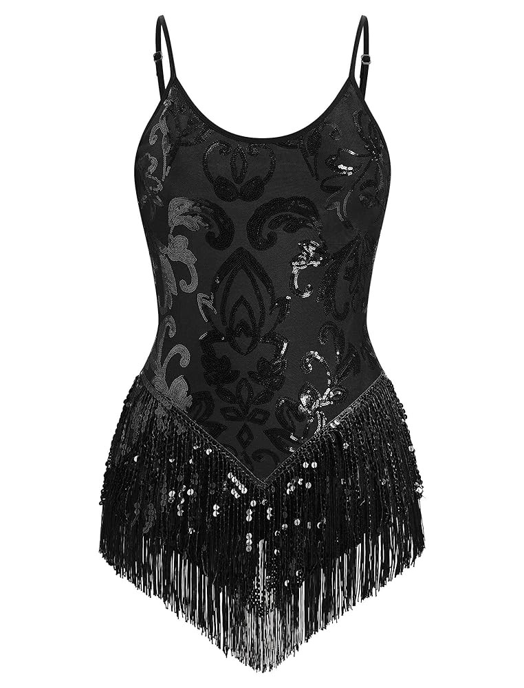 IBAKOM Women Sexy Sequins Fringe Bodysuit Sparkly Tassel Latin Jazz Dance Acrobat Costume Adult T... | Amazon (US)