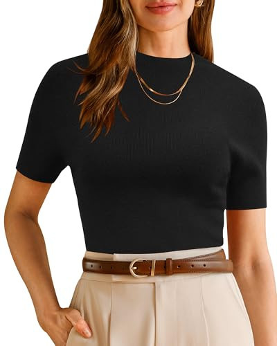 Arach&Cloz Women's 2026 Wool Blend Summer Spring Seamless Short Sleeve Ribbed Knit Tops Mock Neck Lightweight Slim Fit Shirts Work Business Casual Outfits Trendy Sweater Pullover Basic Tees Black XL | Amazon (US)