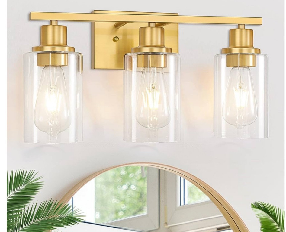 3-Light Brushed Gold Bathroom Light Fixtures, Brushed Brass Vanity Light Fixture Modern Bath Wall Sconce Lighting Wall Mount Lights Over Mirror with Clear Glass Shade for Living Room Bedroom Hallway 

#LTKstyletip #LTKFind #LTKhome