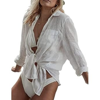 Bsubseach Women Long Sleeve Beach Shirt Blouses Turn Down Collar Bathing Suit Cover Ups | Amazon (US)