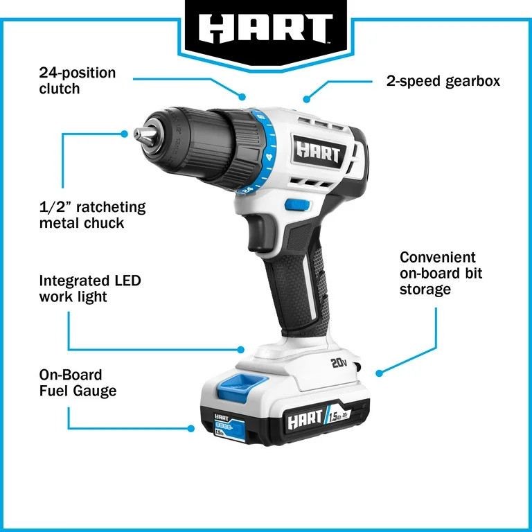 HART 20-Volt Cordless 1/2-inch Drill/Driver Kit, (2) 1.5Ah Lithium-Ion Batteries, Gen 2 | Walmart (US)