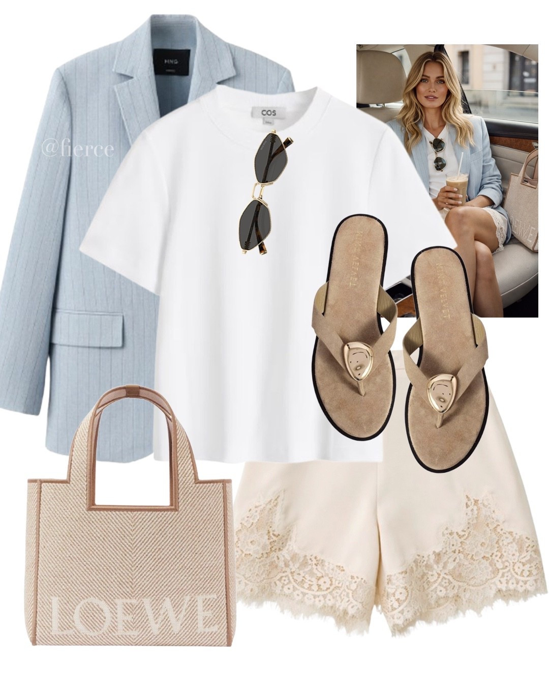 Blue blazer satin lace shorts taupe beige sandals white tshirt Loewe canvas back casual chic outfit lunch date 

#LTKuk #LTKspring #LTKsummer