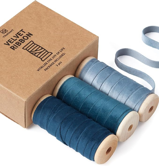 Vitalizart Blue Velvet Ribbon Set 3/8" x 15 Yd Fabric Trim Royal & Dusty Blue 3 Rolls * 5 Yd for ... | Amazon (US)