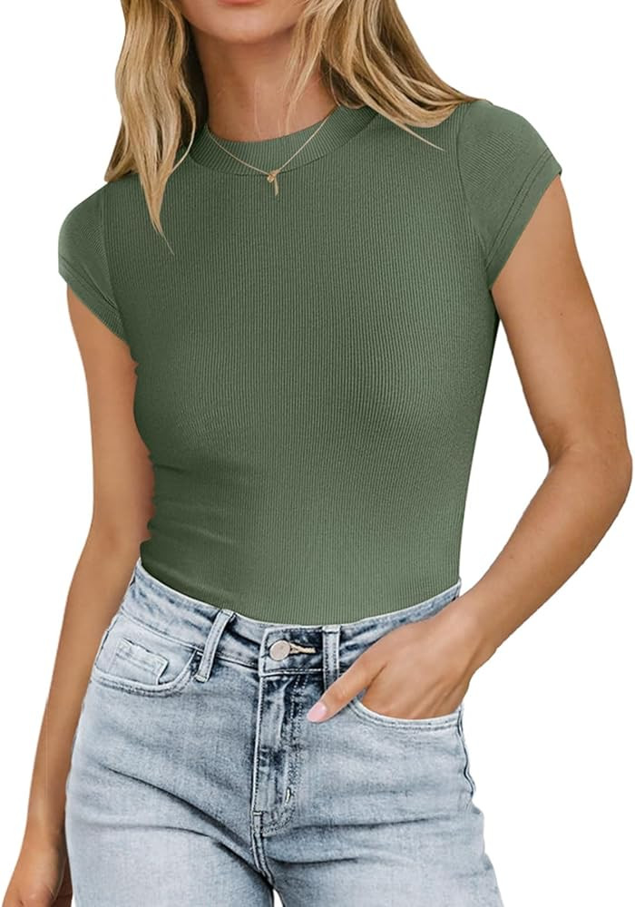 MIHOLL Women's 2024 Summer Short Sleeve Tops Mock Neck Cap Sleeve Ribbed Knit Slim Fit Casual Bas... | Amazon (US)