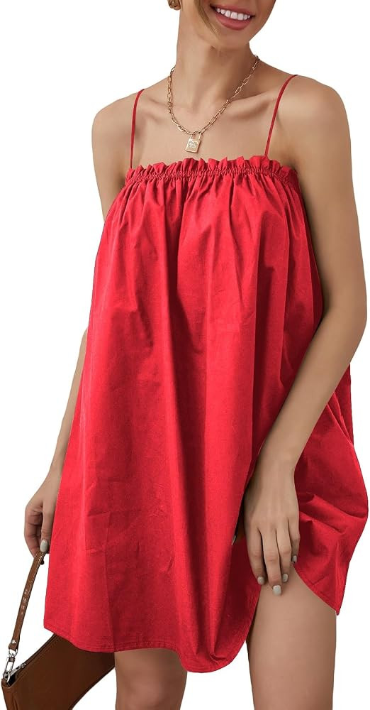 OYOANGLE Women's Spaghetti Straps Sleeveless Loose Ruffle A Line Cami Short Dress with Pocket | Amazon (US)