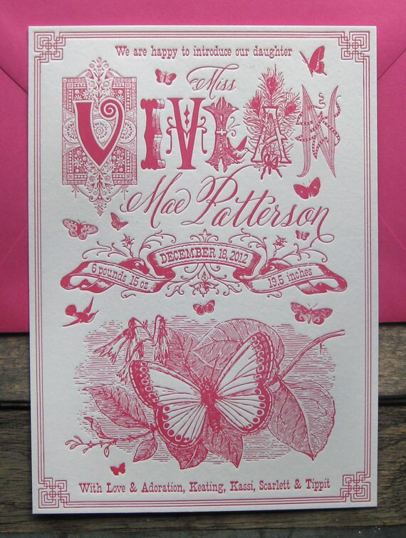 Spring Butterfly Chic Girls Custom Design Letterpress Birth | Etsy | Etsy (US)