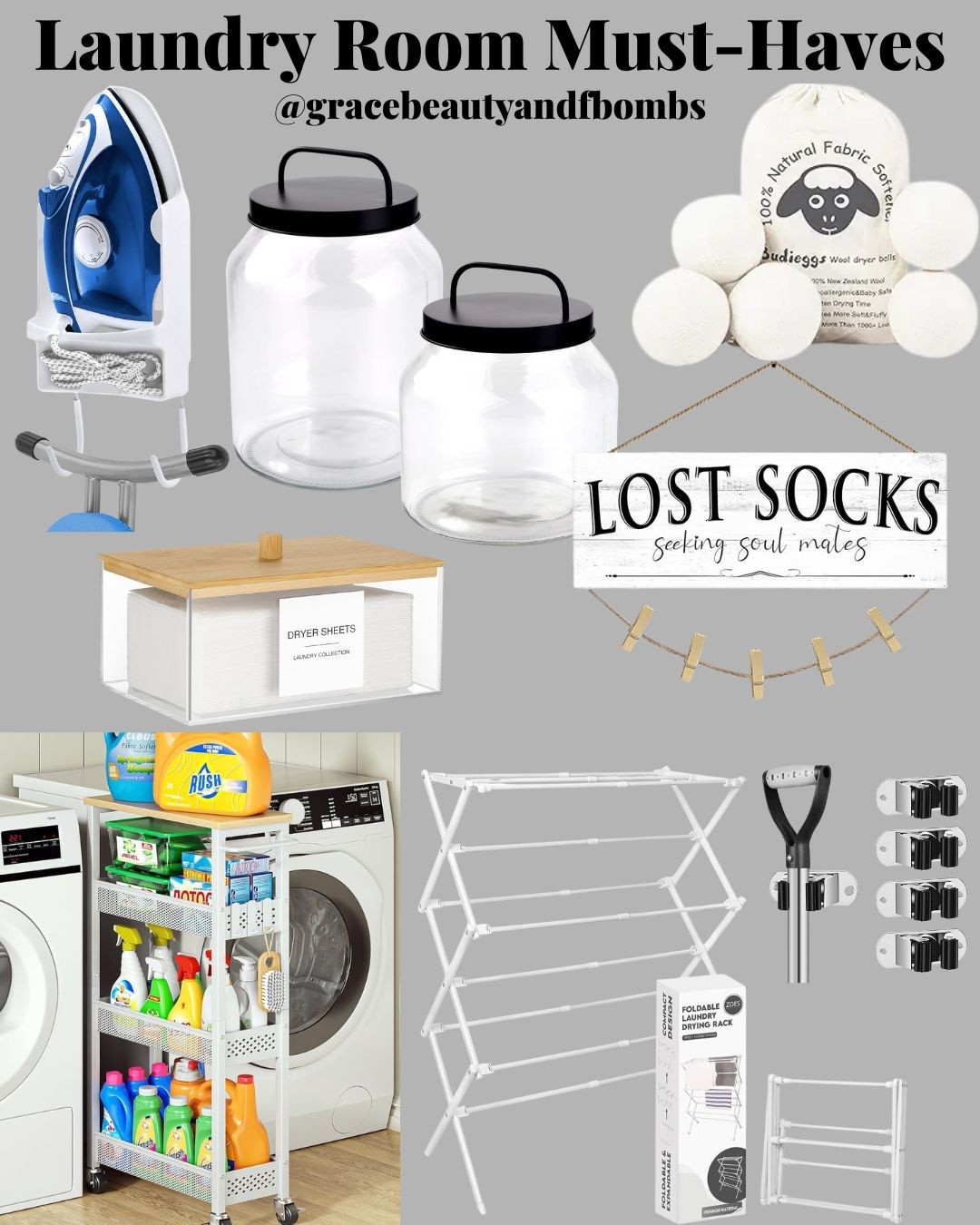 Here are the items in my laundry room that not only make life easier, but also cutens up a rather boring room. 
#laundryroom #laundryroommusthaves #laundryroomaccessories #laundryroomitems #dryersheetholder #dryingrack #dryerballs #ironholder #mopholder #broomholder #lostsocksign #lostsocks #laundryroomstorage 

#LTKSaleAlert #LTKHome #LTKdayinmylife