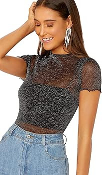 SheIn Women's Sheer Mesh Lettuce Trim Glitter Short Sleeve Top T-Shirt Blouse | Amazon (US)