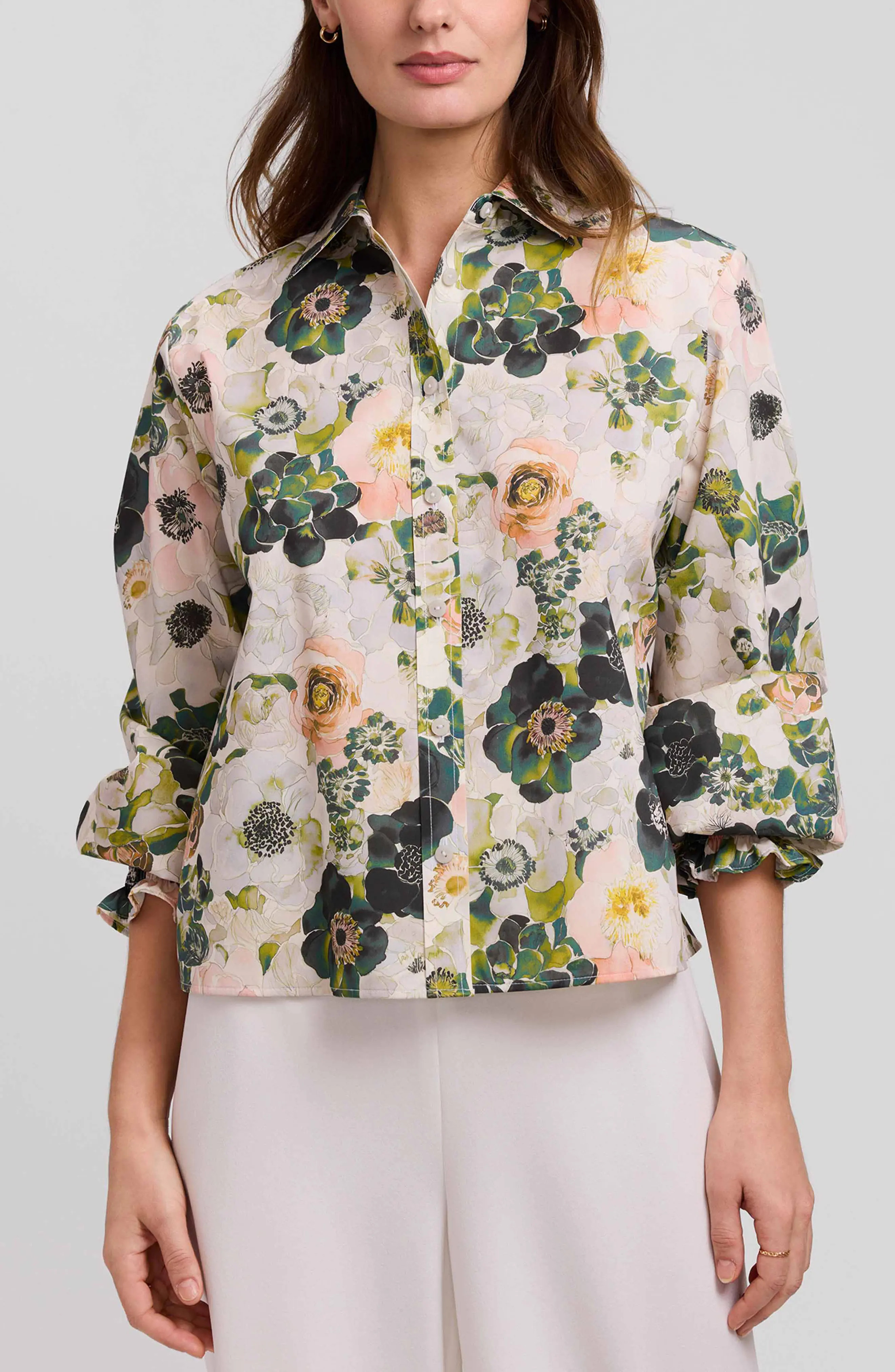 Foxcroft Vivienne Bouquet Cotton Poplin Button-Up Shirt in Green/white Multi at Nordstrom, Size Large | Nordstrom
