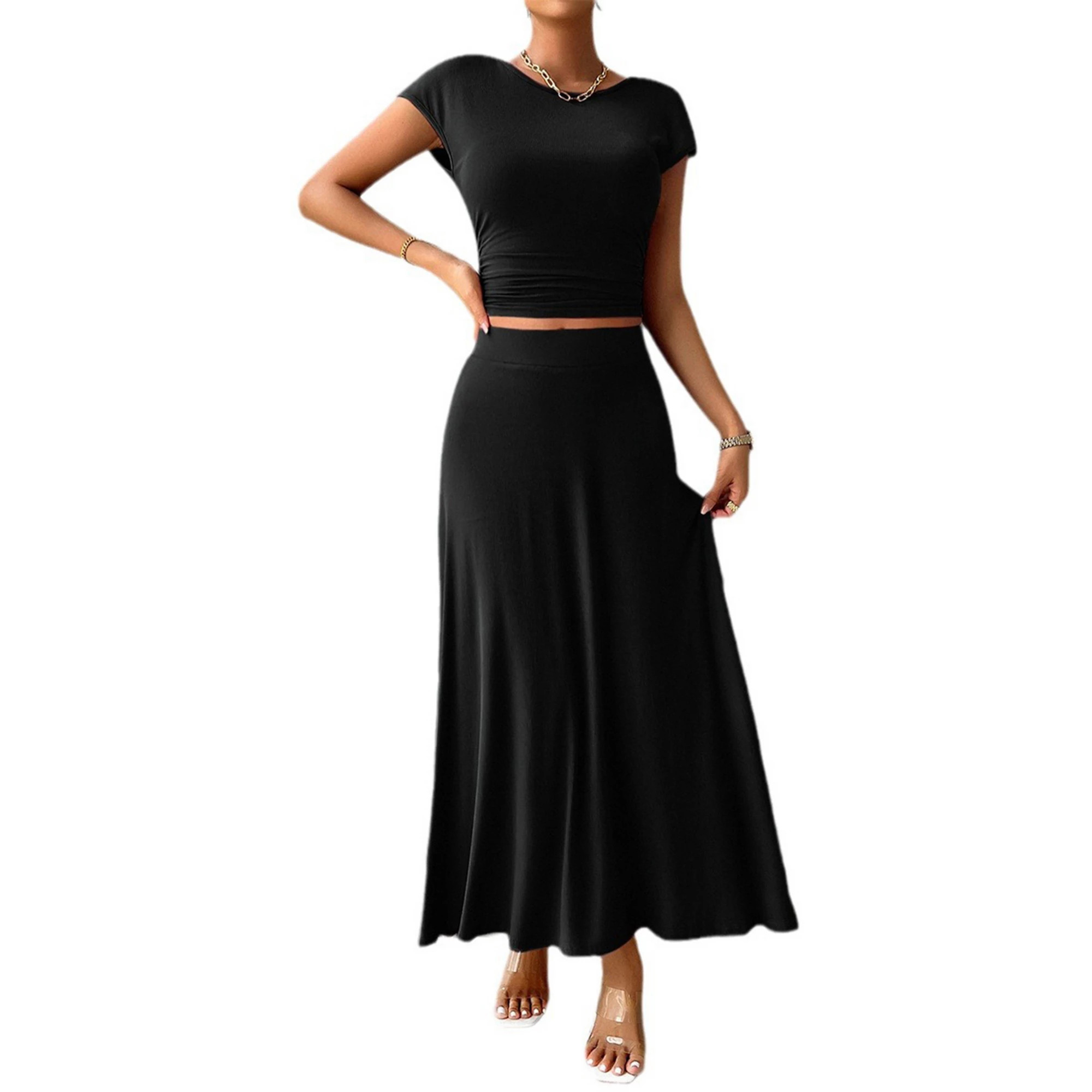 Womens 2 Piece Casual Knit Short Sleeve Crop Top A Line Flowy Maxi Skirt Sets Vacation Outfit | Kohl's