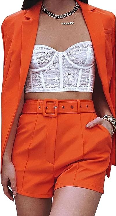 Tcremisa Blazer Shorts Set for Women Elegant 2 Piece Business Outfits Long Sleeve Open Front Blaz... | Amazon (US)