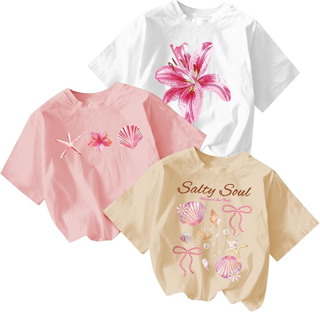 RoseSeek Girl's Bow Cherry Graphic Tees Short Sleeve Crewneck Cute T Shirts Tops for Teens Summer... | Amazon (US)