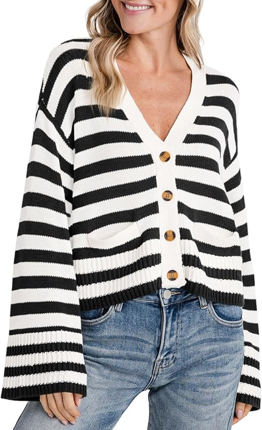 Saodimallsu Womens Striped Cardigan Sweaters Cropped Fall Button Open Front Long Sleeve Knit Swea... | Amazon (US)