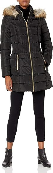 Laundry by Shelli Segal Women's 3/4 Puffer Jacket with Zig Zag Cinched Waist and Faux Fur Trim Ho... | Amazon (US)