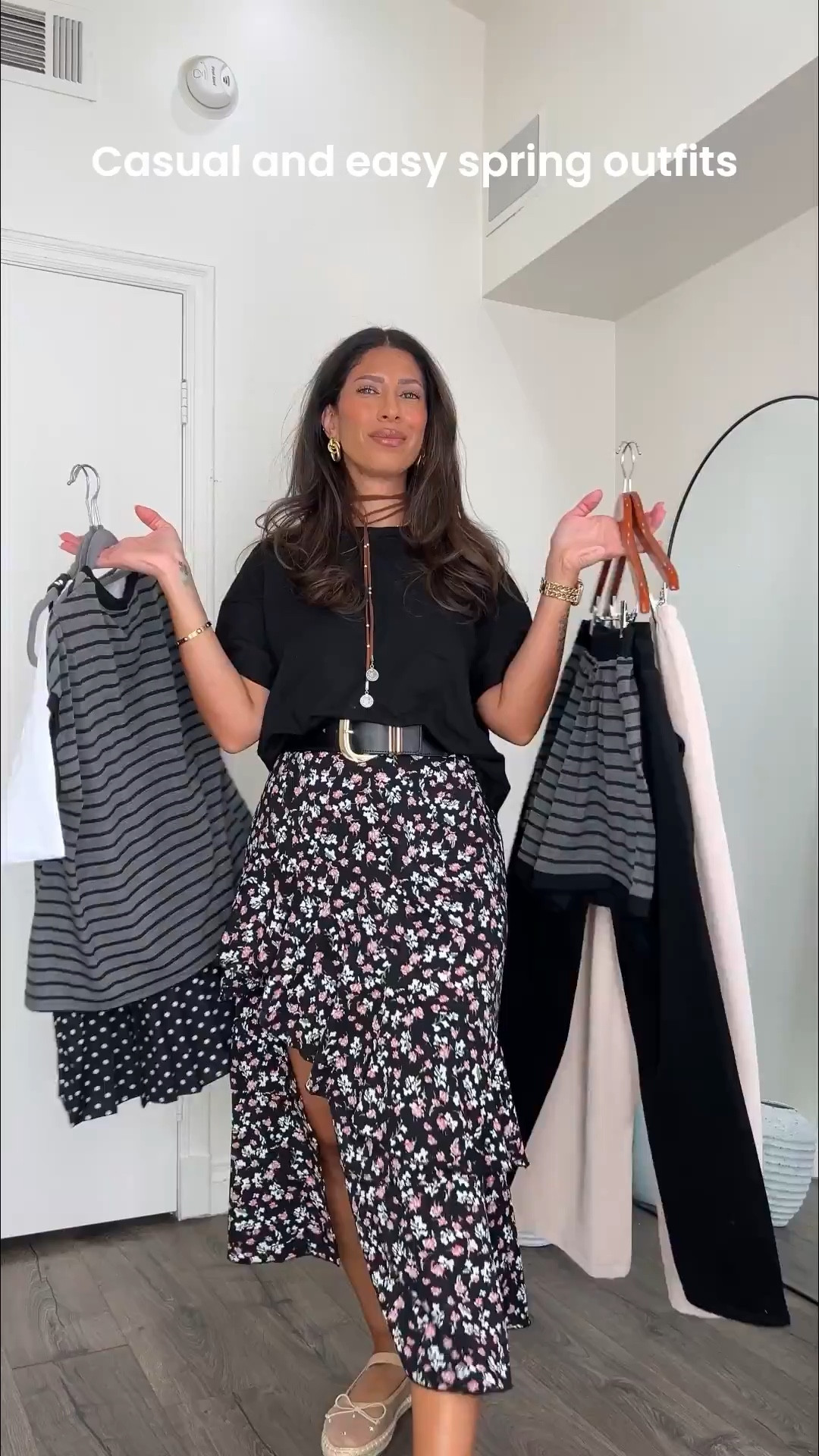 Casual and easy spring outfit ideas with blacks and neutrals. Wearing small in the polka dot tennis dress, small in the floral skirt, small in the oversized t shirts, medium in the linen pants and medium in the shorts lounge set. I’m 5’4 and 132lbs  



#LTKSeasonal #LTKMidsize #LTKootd