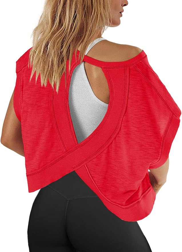 Panadila Womens Open Back Workout Top Oversized Workout T Shirts Backless Athletic Shirt Short Sl... | Amazon (US)