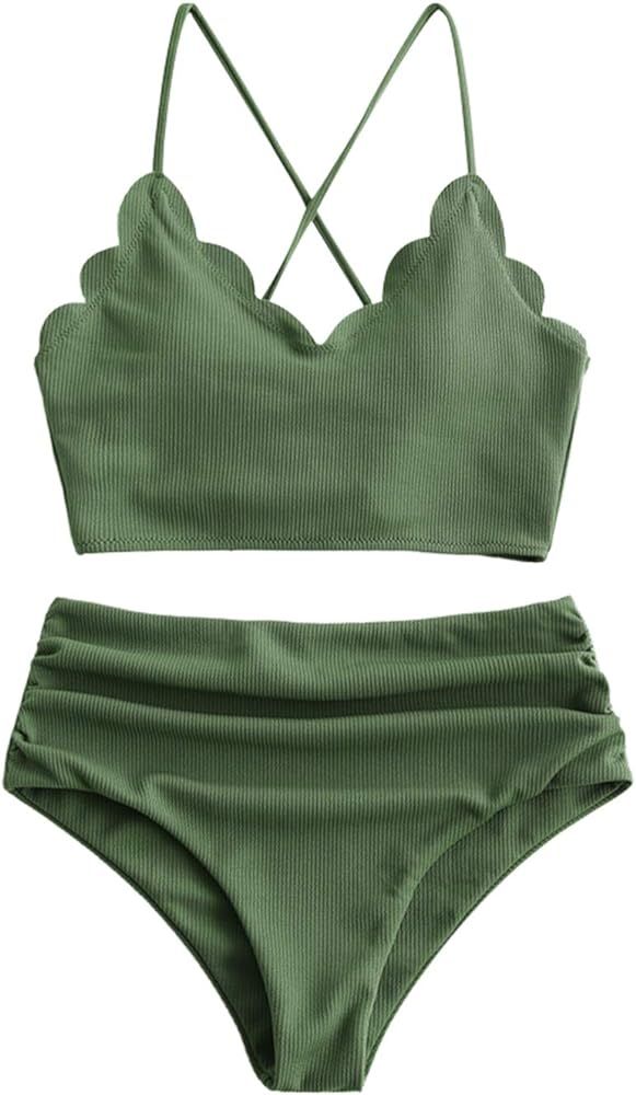 ZAFUL Women's Leaf Print Lace Up Ruched High Waisted Tankini Set Swimsuit | Amazon (US)