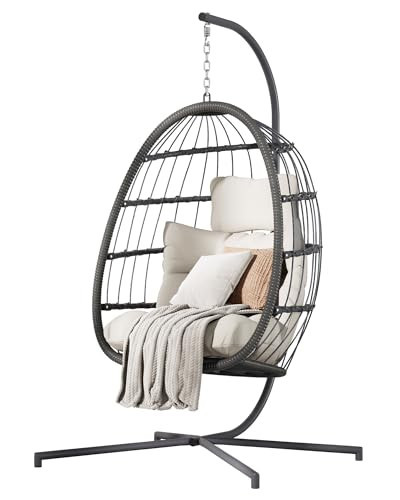 HWB Hanging Egg Chair with Stand, Patio Wicker Egg Swing Chair with Cushion for Bedroom Garden Indoor Outdoor (Beige) | Amazon (US)