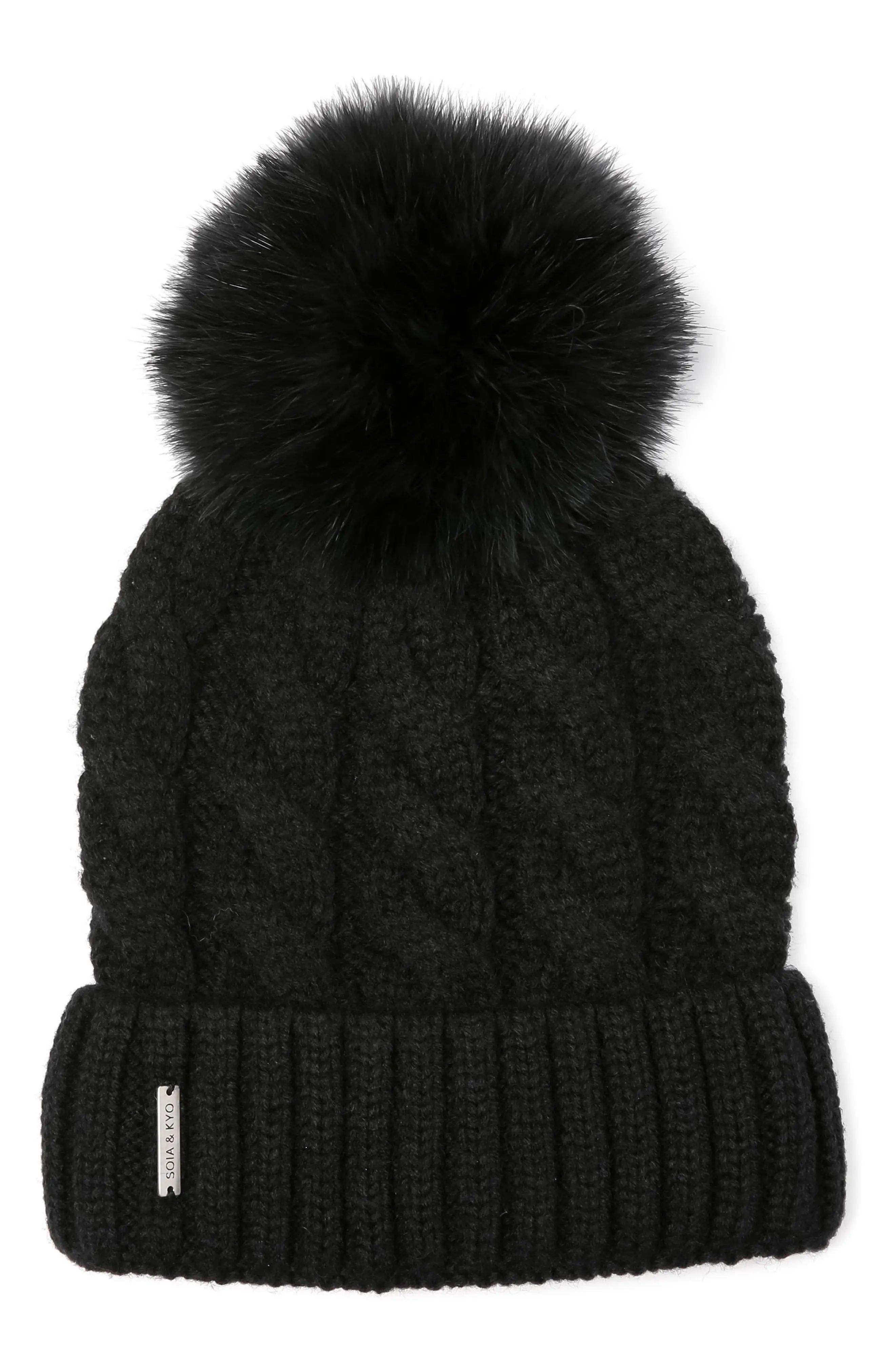 Cable Knit Beanie with Removable Feather Pompom | Nordstrom