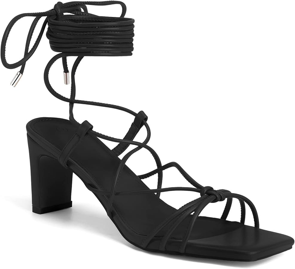 Coutgo Womens Lace Up Strappy Heels Sandals Chunky Block Heeled Square Open Toe Wrap Ankle Straps... | Amazon (US)
