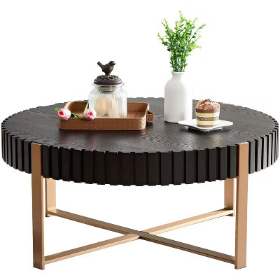 KTMBDW 31.5'' Round Coffee Table for Living Room, Modern Solid Wood Handcraft Drum Coffee Table, Wooden Felief Coffee Table for Small Space, Black | Target