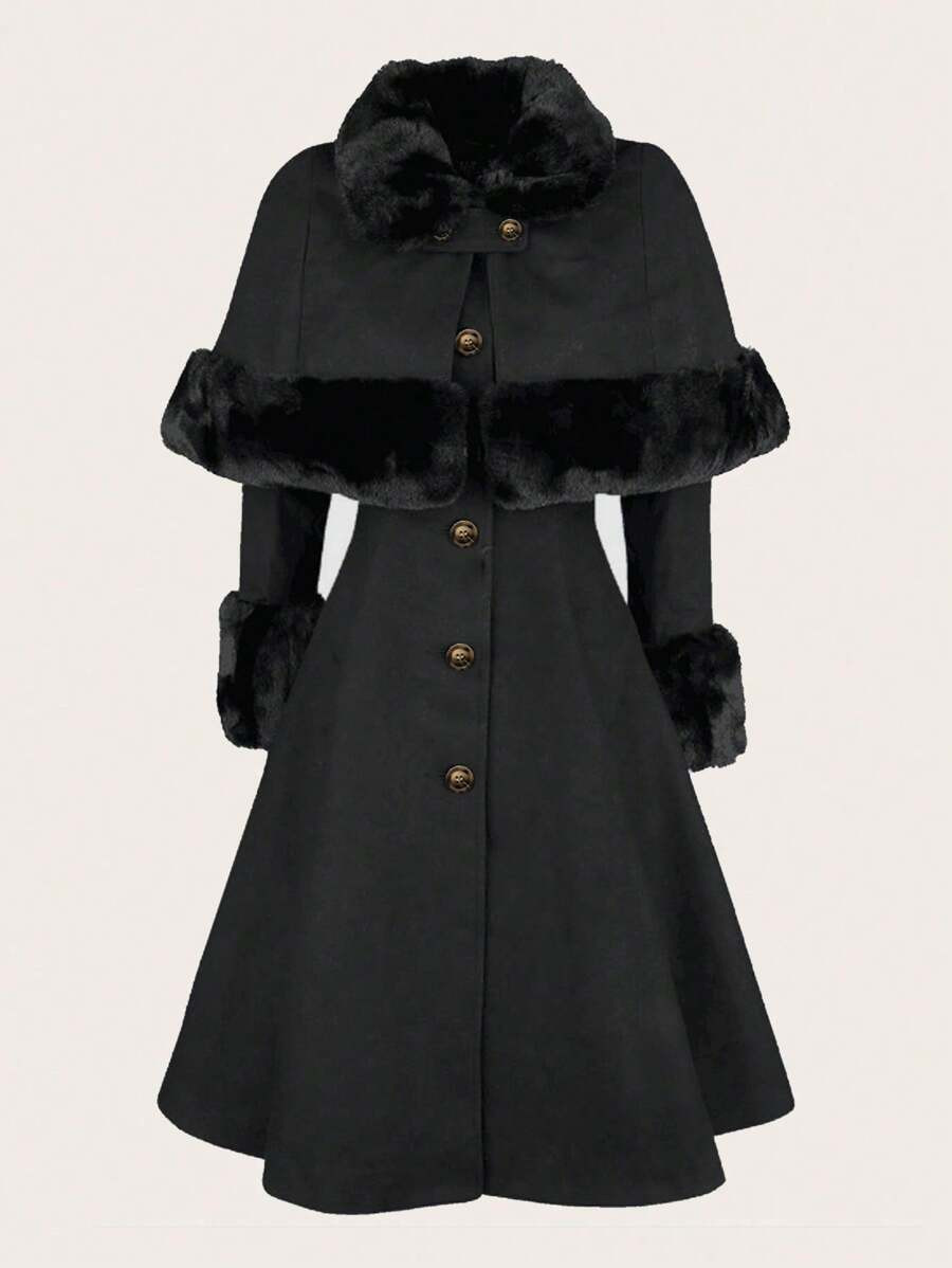 Plus Size Woolen Cloak With Cinching Waist, Slim Fit, Single Breasted With Woolen Sleeve | SHEIN