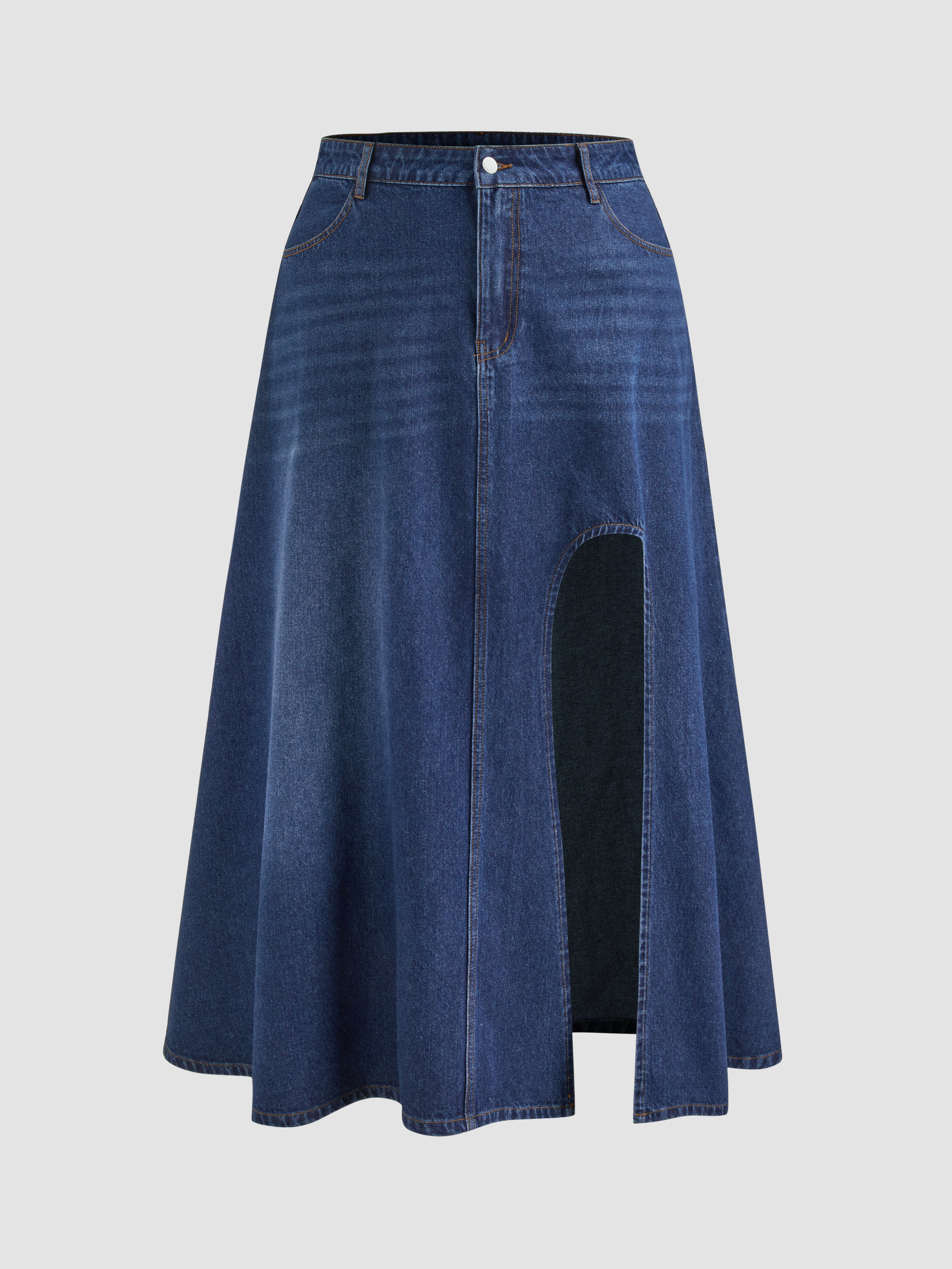 Denim Denim Mid Rise Solid Split Pocket Maxi Skirt Curve & Plus For Daily Casual Music Festival/L... | Cider