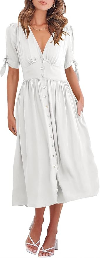 ANRABESS Women’s 2023 Spring Summer Casual Short Sleeves Deep V Neck Button Down A-Line Midi Dr... | Amazon (US)