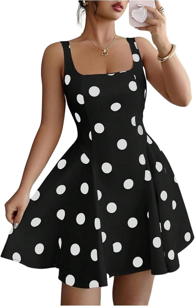 OYOANGLE Women's Polka Dots A-Line Cami Dress Square Neck Flared Mini Dress | Amazon (US)