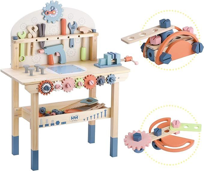 Toywoo Tool Bench for Kids Toy Play Workbench Wooden Tool Bench Workshop Workbench with Tools Set... | Amazon (US)