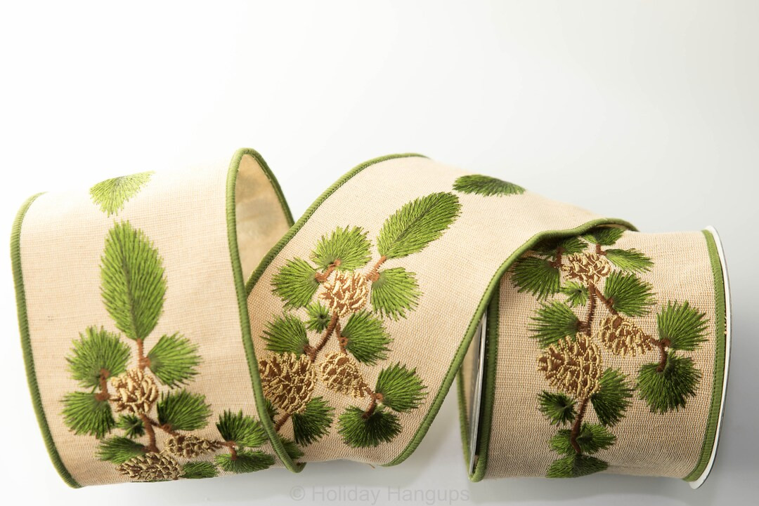 Linen Pinecone Branch Ribbon by Farrisilk Embroidered - Etsy | Etsy (US)