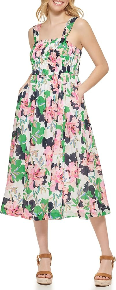 Tommy Hilfiger Women's Square Neck Smocked Floral Midi Dress | Amazon (US)