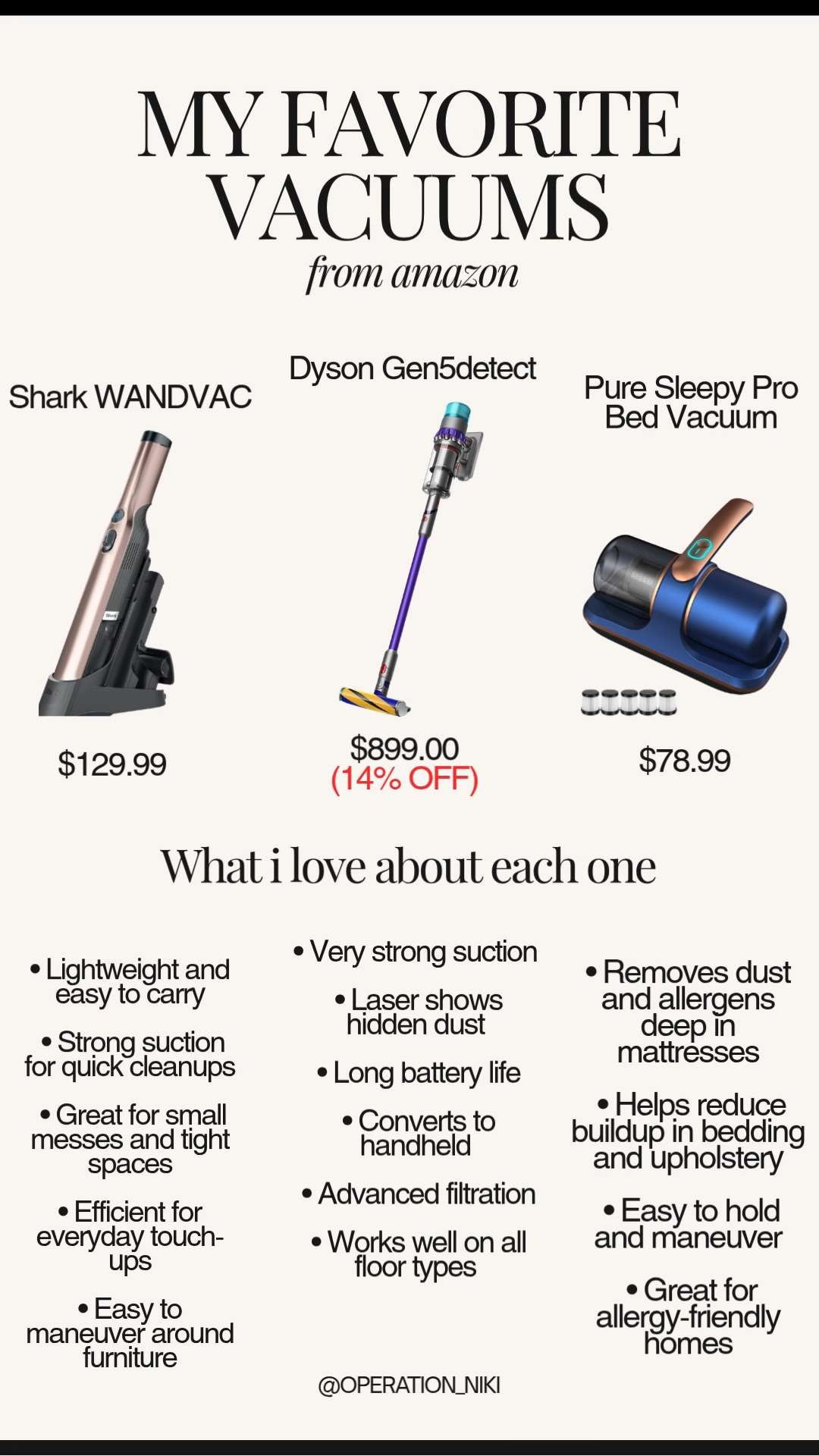 My favorite vacuums that cover every type of clean ✨🧹 The Shark WANDVAC for quick messes, the Dyson Gen5detect for powerful everyday cleaning, and the Pure Sleepy Pro Bed Vacuum for mattresses and soft surfaces. Each one has a purpose and together they make keeping up with home cleaning much easier. Follow for more @OPERATION_NIKI on IG, TikTok, & Facebook #vacuumfavorites #homecleaning #cleaningessentials #amazonfinds #cleaningroutine #homeorganization #floorcleaning #deepclean #operationniki 

 

#LTKHome