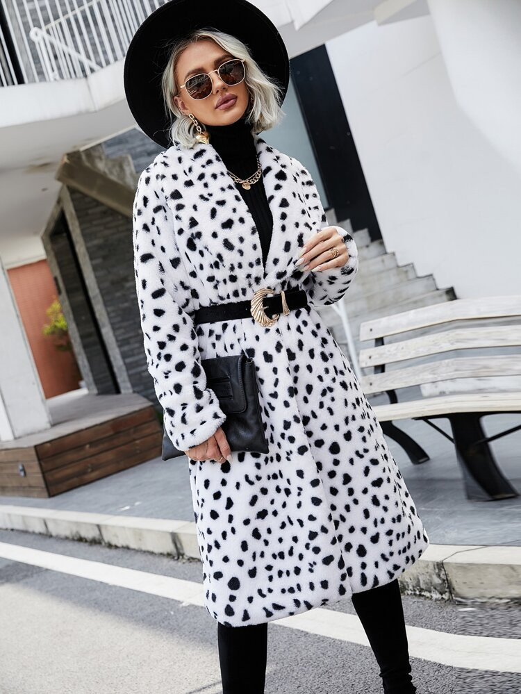 Dalmatian Print Fuzzy Coat Without Belt | SHEIN
