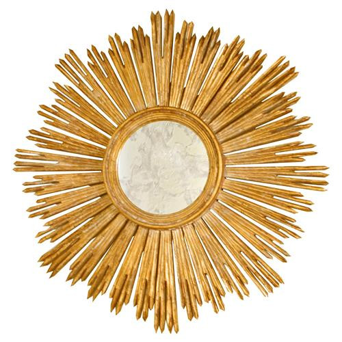 Worlds Away Margeaux Gold Leaf Wood Round Starburst Antique Wall Mirror | Kathy Kuo Home